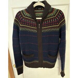 Farah 100% Wool Fair Isle Cardigan Size small Sweater Full Zip Shawl Collar
